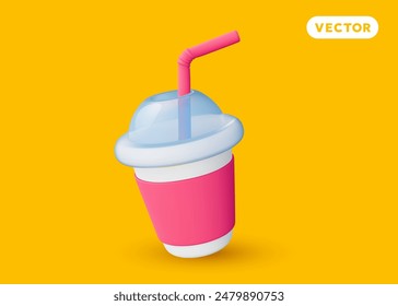 Vector illustration of realistic cardboard drink cup with plastic cover and tube on yellow color background. 3d cartoon style design of takeaway fastfood beverage with shadow for web, site, banner