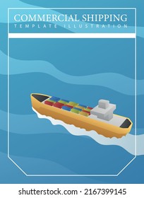 Vector illustration of a realistic cargo commercial barge ship. Modern simple template design with text.