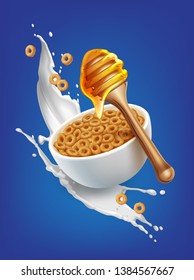 Vector illustration of realistic cereal corn rings in bowl with milk splash and honey stick isolated on blue background. Healthy breakfast advertisement template