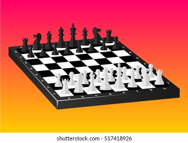 Vector illustration of realistic chessboard with pieces on color background.