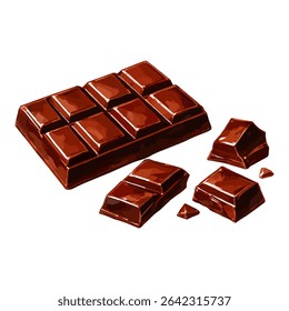 Vector illustration of a realistic chocolate bar with broken pieces. Perfect for food packaging, menus, advertisements, and confectionery branding.