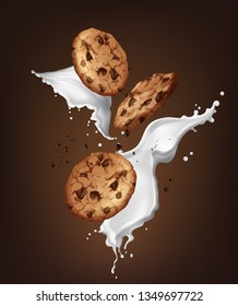 Vector illustration of realistic chocolate chip cookies with splash of milk isolated on dark brown background