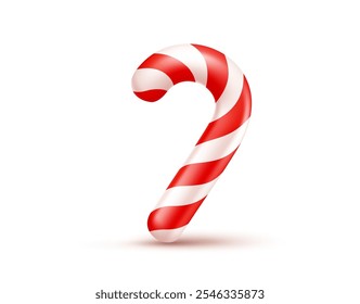 Vector illustration of realistic christmas candy cane on white background. 3d cartoon style design of striped candy cane. Winter food sweet gift for Merry Christmas and Happy New Year banner, card