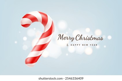 Vector illustration of realistic christmas candy cane on light background with text and bokeh. 3d cartoon style design of red and white striped candy cane. Merry Christmas and Happy New Year banner