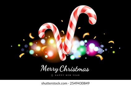 Vector illustration of realistic christmas candy cane on black background with light bokeh. 3d cartoon style design of red and white striped candy cane. Winter sweet gift for Merry Christmas banner