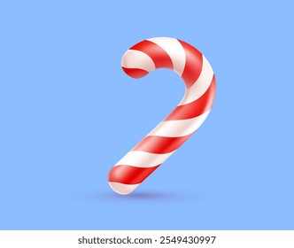 Vector illustration of realistic christmas candy cane on blue background. Winter food sweet gift. 3d cartoon style design of red white striped candy cane for Merry Christmas and Happy New Year banner