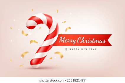 Vector illustration of realistic christmas candy cane on light background with red ribbon and confetti. 3d cartoon style design of red and white striped candy cane with text Merry Christmas for banner