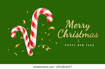 Vector illustration of realistic christmas candy cane on green background with golden confetti. 3d cartoon style design of red and white striped candy cane with text Merry Christmas and Happy New Year