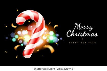 Vector illustration of realistic christmas candy cane on black background with golden light bokeh. 3d cartoon style design of white red striped candy cane with text Merry Christmas for banner, card