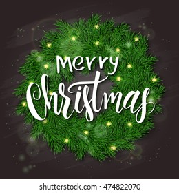 vector illustration of realistic christmas fir wreath on top view with hand lettering christmas greetings label on chalkboard.