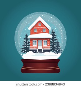Vector illustration, realistic Christmas souvenir glass snow globe with winter landscape and house.

