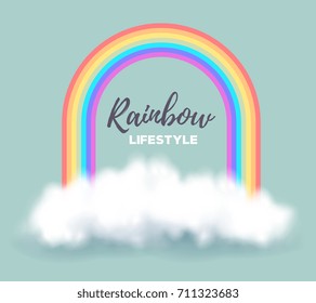 Vector illustration of realistic cloud with shadow and rainbow arc on blue sky background with title. Weather design concept with cloud and rainbow for web, site, poster
