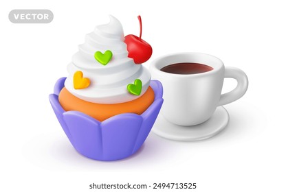 Vector illustration of realistic coffee cup and cupcake with cream and cherry on white background. 3d style design of sweet cake with whipped cream, heart and cup of coffee for web, site, banner, menu