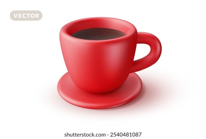 Ilustração vetorial de xícara de café realista com pires de cerâmica de cor vermelha no fundo branco. 3d design estilo de xícara de café para web, site, banner, menu