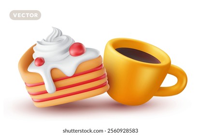 Vector illustration of realistic coffee cup and piece of cake with cream and cherry on white background. 3d cartoon style design of sweet cake with whipped cream and cup of coffee for cafe menu