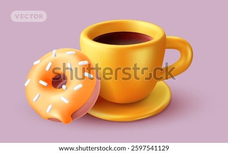 Vector illustration of realistic coffee cup with ceramic saucer and sweet donut with glaze and topping on color background. 3d cartoon style design of donut and cup of coffee for cafe banner, menu