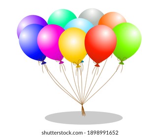 vector illustration, Realistic Collection of Flying Colorful Balloons with rope tied, for Party and Celebration decorations such as birthdays, Isolated on White Background.