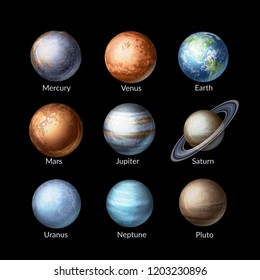 Vector illustration of realistic collection planets of solar system isolated on black background. Astronomy background