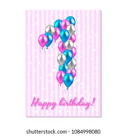 vector illustration. realistic colored balloons on the first birthday. pink, silver, blue. Pink stripe greeting card with white stars.
