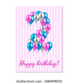 vector illustration. realistic colored balloons on the second birthday. pink, silver, blue. Pink stripe greeting card with white stars.