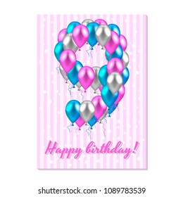 vector illustration. realistic colored balloons on the ninth birthday. pink, silver, blue. Pink stripe greeting card with white stars.