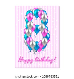 vector illustration. realistic colored balloons on the eighth birthday. pink, silver, blue. Pink stripe greeting card with white stars.