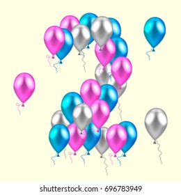 vector illustration. realistic colored balloons on the second birthday. pink, silver, blue
