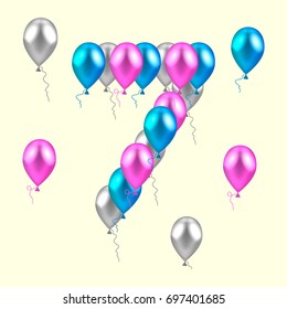 vector illustration. realistic colored balloons on the seventh birthday. pink, silver, blue