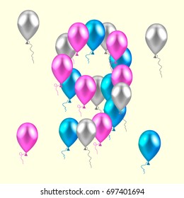 vector illustration. realistic colored balloons on the ninth birthday. pink, silver, blue