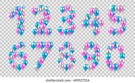 vector illustration. vector illustration. realistic colored balloons on the first, second, third, fourth, fifth,  sixth, eighth, ninth birthday. pink, silver, blue