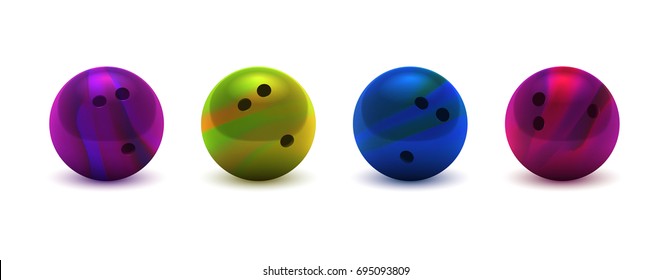 Vector illustration realistic colorful 3D purple, yellow, dark blue, pink bowling ball large set. Isolated on a transparent checkered background. Design element. EPS10