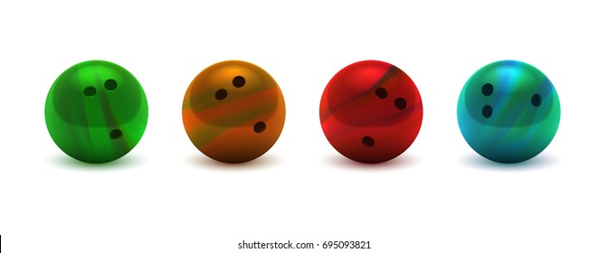 Vector illustration realistic colorful 3D green, orange, red, aqua colour bowling ball large set. Isolated on a transparent checkered background. Design element. EPS10