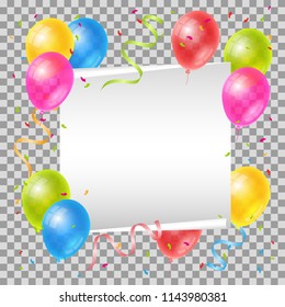Vector illustration. Realistic colorful helium balloons and white sheet. Transparent background. Party decoration frame for birthday, anniversary, celebration. 