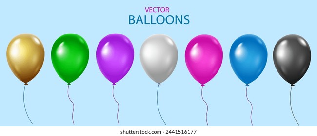 vector illustration realistic colorful multi color shiny balloons design element, birthday and celebration and festive decorations flying balloons isolated on the light blue background.