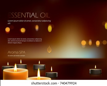 Vector illustration of a realistic composition for aroma spa therapy, relaxation, meditation of burning candles with a bright flame.Advertising poster template for spa salon.