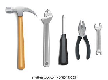  Vector illustration of realistic construction tools. Hammer, wrench, screwdriver, pliers.