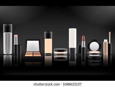 Vector illustration.Set of realistic cosmetic bottles.Plastic,matte transparent,glass with black lid.Mineral powder,lipstick,spray with dispenser,foundation,concealer.On a black backlit background.