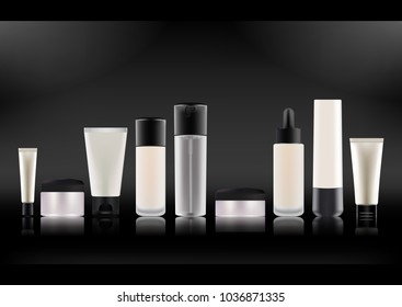 Vector illustration.Set of realistic cosmetic bottles.White plastic,matte transparent,glass with black covers.Cream jars,tubes,spray with dispenser,drops with a pipette.On a black backlit background.