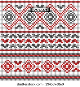 Vector illustration realistic cross stitch set of three folk style ornament in two colors with shades, shadow embroidery planning on the grid