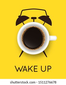 Vector illustration with realistic cup of coffee and hand drawn alarm clock on yellow background. Break time, good morning, drink menu design concept. Trendy banner or poster