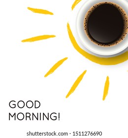 Vector illustration with realistic cup of coffee and hand drawn sun on isolated white background. Break time, good morning, drink menu design concept. Trendy banner or poster