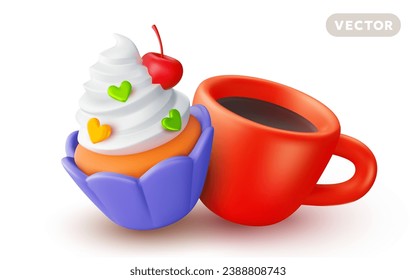 Ilustración vectorial de quequitos realistas con crema y cereza sobre fondo blanco. Diseño 3d estilo pastel dulce con crema batida, corazón y taza de café para web, sitio, banner, menú