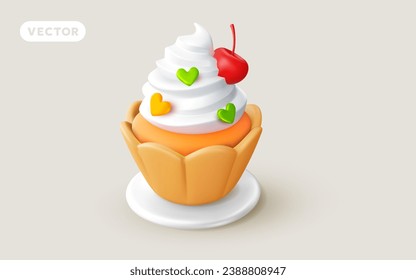 Ilustración vectorial de quequitos realistas con crema y baya sobre fondo blanco. Diseño 3d de pasteles con crema batida, cereza y corazón. Comida dulce para web, sitio, banner, menú, tarjeta de saludo