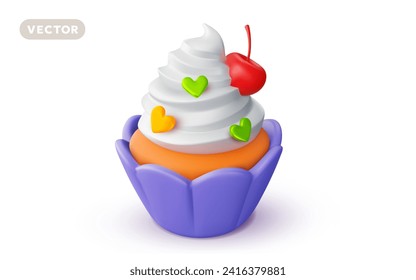 Ilustración vectorial de quequitos realistas con crema y cereza sobre fondo blanco. Diseño 3d de pasteles con crema batida, berry y corazón. Comida dulce para web, sitio, banner, menú, tarjeta de saludo