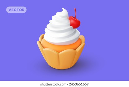 Vector illustration of realistic cupcake with cream and cherry on color background. 3d style design of cake with whipped cream and berry. Sweet food for web, site, banner, menu, greeting card