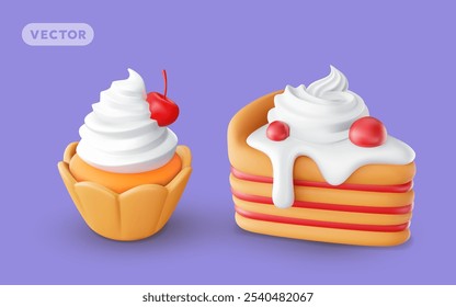 Ilustración vectorial de cupcake realista con cereza roja y pedazo de pastel con crema batida sobre fondo de color. Diseño de estilo 3D de pastel con crema batida, baya y corazón. Icono de comida dulce para la tarjeta