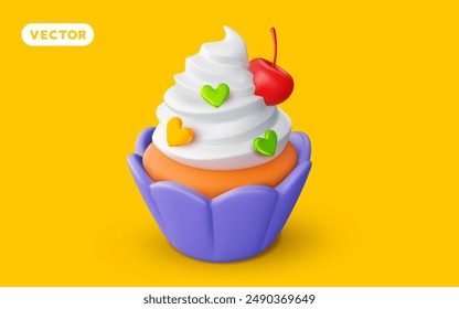 Ilustración vectorial de magdalena realista con crema batida, baya y corazón sobre fondo amarillo. Diseño de estilo 3d de pastel con crema y cereza. Comida dulce para Web, sitio, Anuncio, menú, tarjeta de felicitación