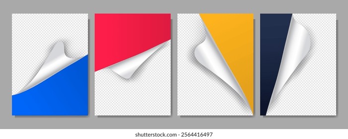 Vector illustration. Realistic curled glossy paper with rounded corners. Set with colorful backgrounds. Folded sticker elements for posters, book or magazine covers, layouts, brochures, reports