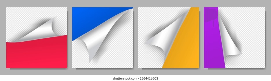 Vector illustration. Realistic curled glossy paper corners set with colorful backgrounds. Red, blue, yellow, and purple folded page elements for web banners, modern design layout, social media posts