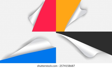 Vector illustration. Realistic curled glossy paper with rounded corners. Colorful backgrounds set. Folded sticker elements for web banner, video thumbnail, product advertisement, horizontal wallpapers